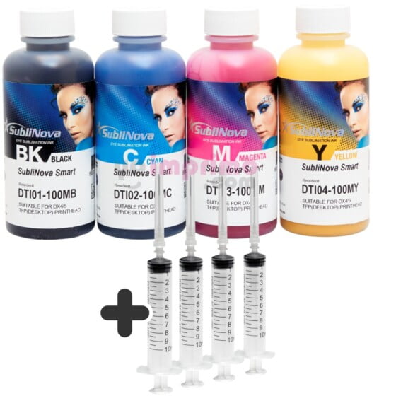 Compra Tinta sublimación para Cartuchos recargables, Sublinova Smart. 4 botellas de 100ml con jeringuillas, 4 Colores CMYK