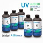 Tinta UV Mimaki LUS120 compatible, para Mimaki UCJV150, UCJV300, JFX500, JFX600, SIJ-320UV, UJF-3042, UJF-7151, UJV55 - Botella 1L + Chip - cian-claro