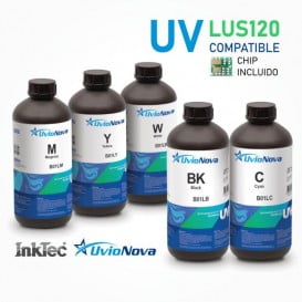 Tinta UV Mimaki LUS120 compatible, para Mimaki UCJV150, UCJV300, JFX500, JFX600, SIJ-320UV, UJF-3042, UJF-7151, UJV55 - Botella 1L + Chip